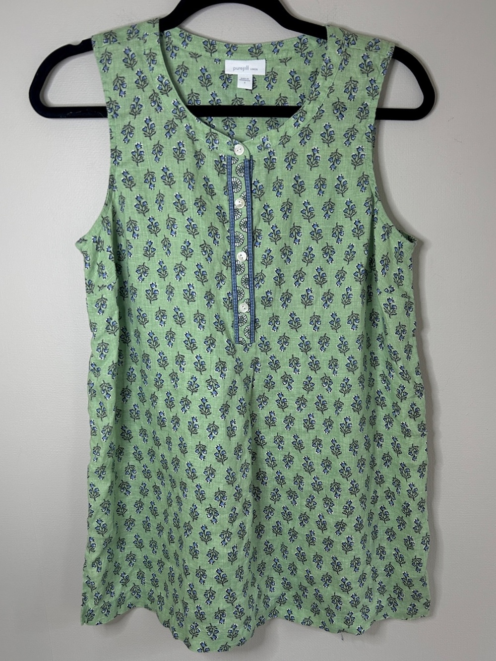 Pure Jill Linen Botanical Block Print Sleeveless Henley Blouse Relaxed Cottage S - Picture 3 of 12